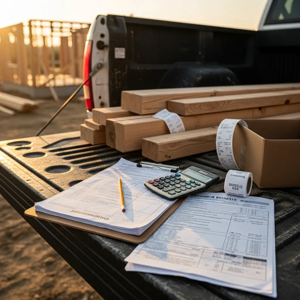 Contractor reviewing construction bid estimate with calculator and cost sheets on job site desk