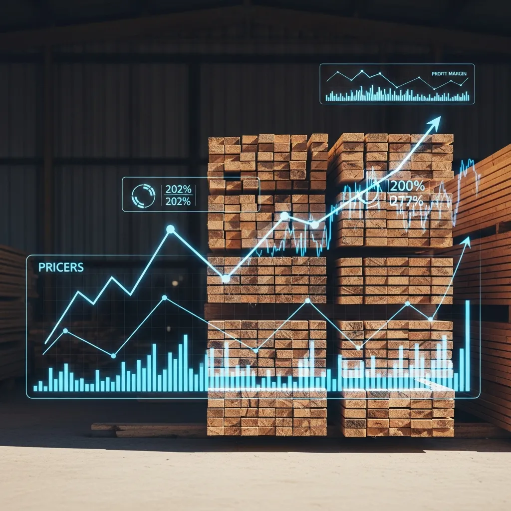 Stack of construction lumber with financial dashboard overlays showing cost trends for home builders