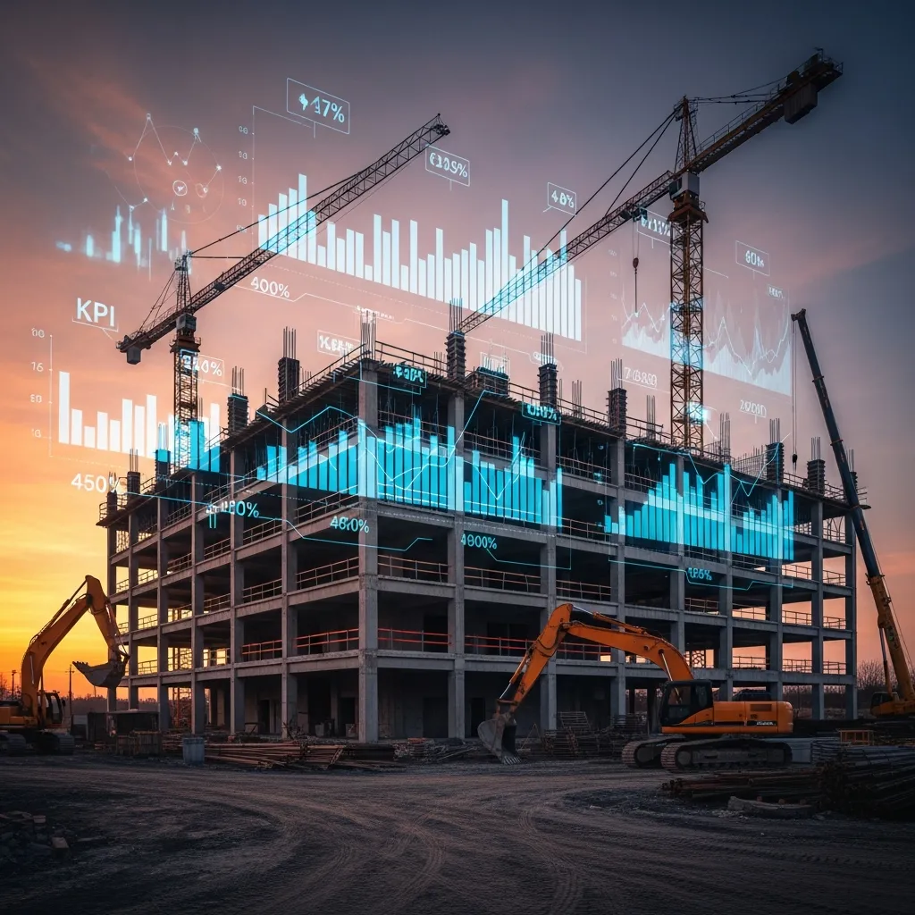Construction site with holographic financial data overlays representing integrated job costing and financial systems for contractors