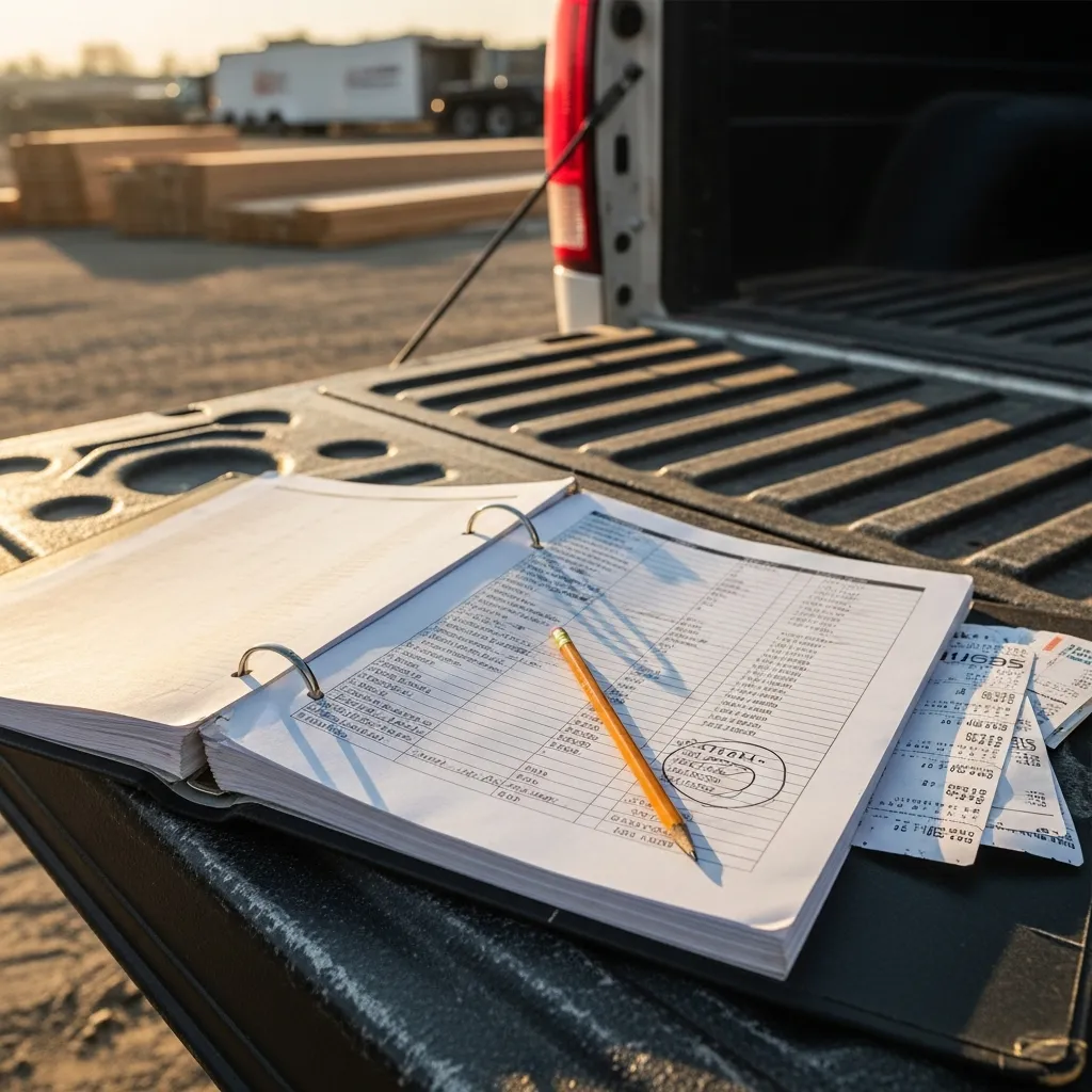 Contractor reviewing material invoices and job cost reports to track profit margin on construction project