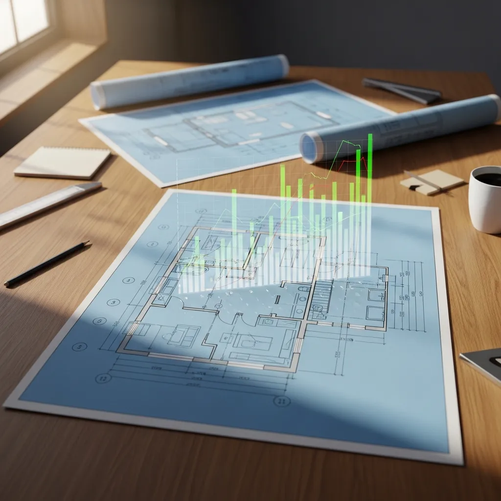Construction blueprint with financial dashboard overlay representing integrated financial systems for home builders