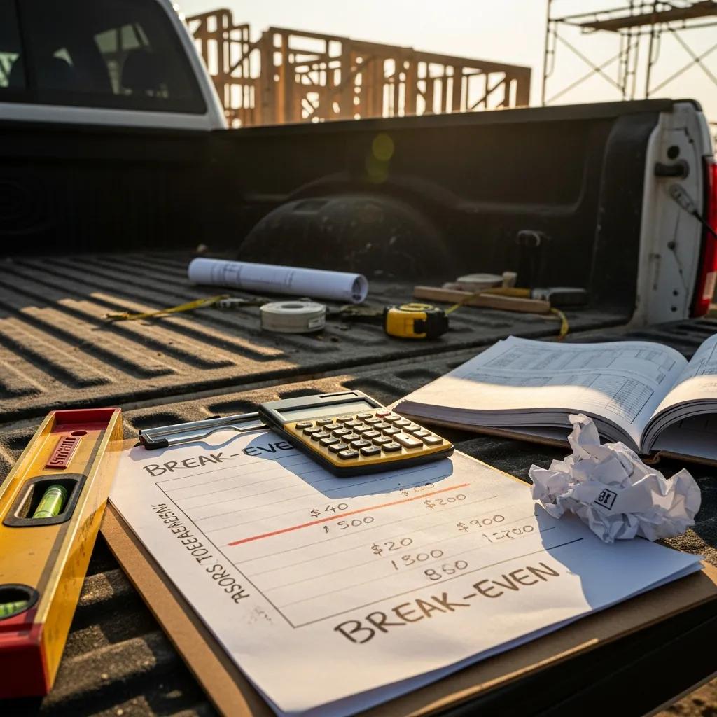 Contractor reviewing financial documents and calculator to determine business break-even point