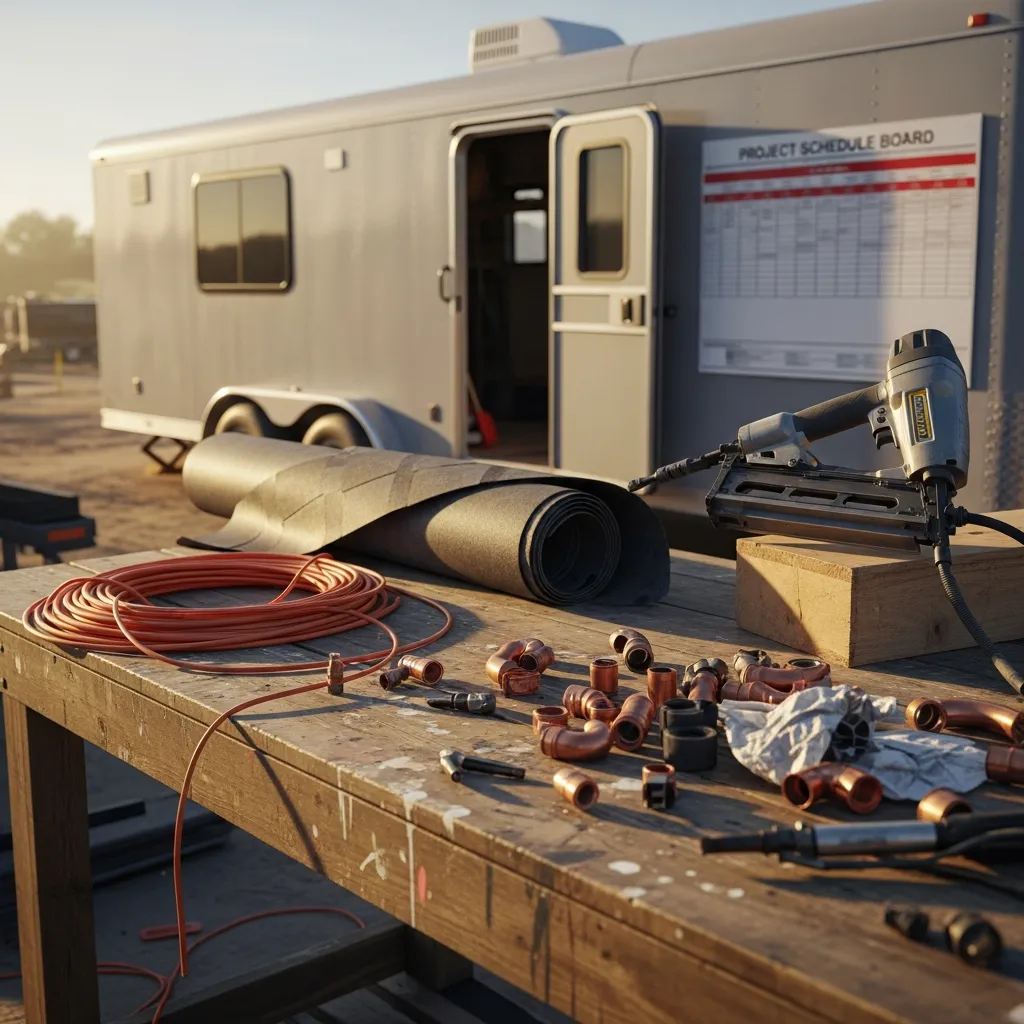 Construction general contractor reviewing subcontractor financial performance dashboard and lien waiver documentation to prevent project defaults