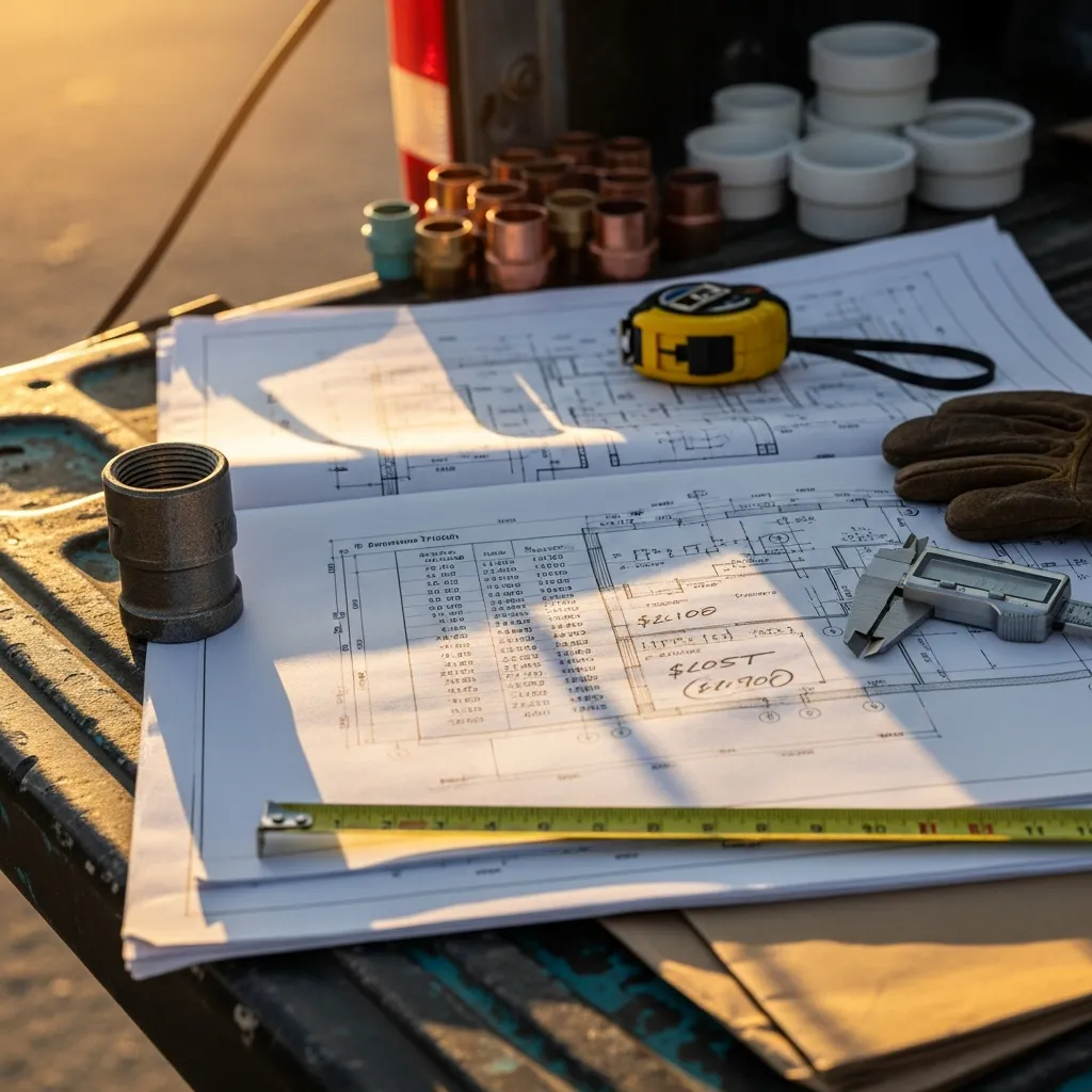 Construction contractor reviewing material cost invoices and tariff impact on job estimates