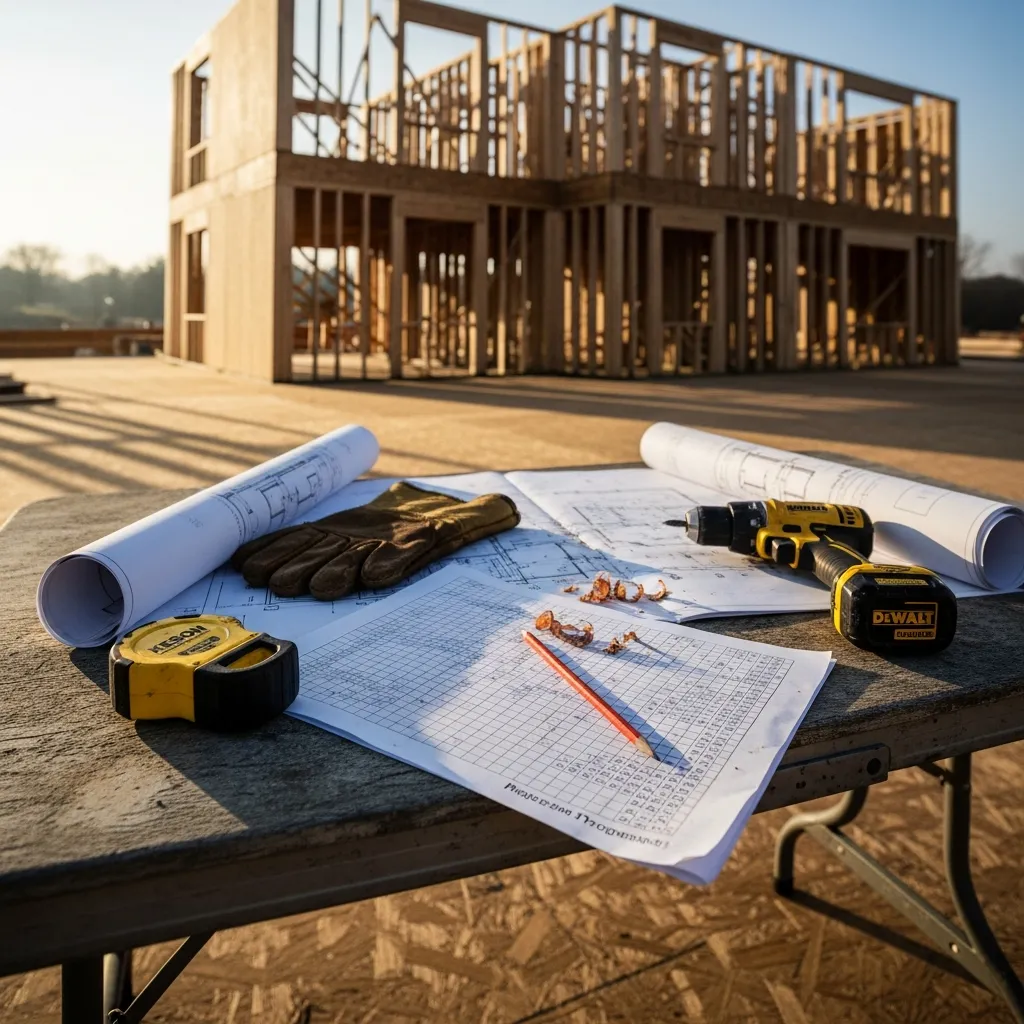 Construction contractor reviewing WIP report and job costing spreadsheet at desk with blueprints