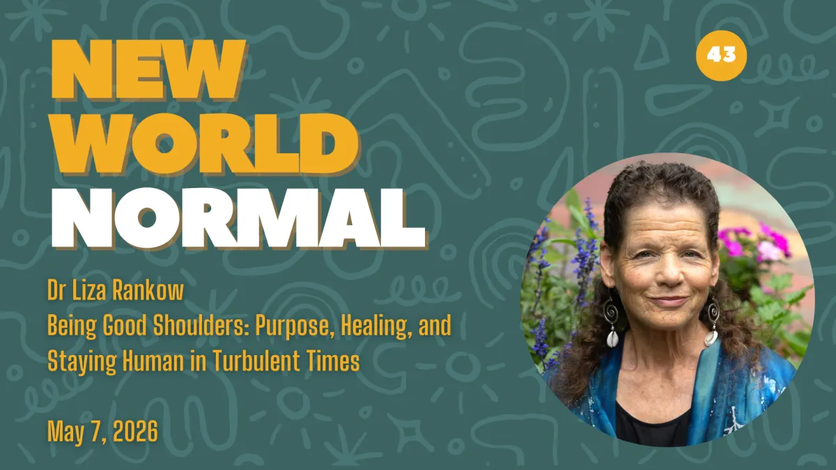 Aqua podcast artwork featuring the words New World Normal and Guest Dr Liza Rankow