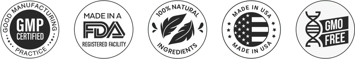 made in USA, GMP certified, FDA approved, GMO free, and natural ingredients images