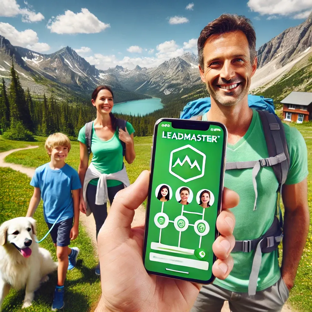 A family hiking in the mountains, with a phone in the foreground showing the LeadMaster app.