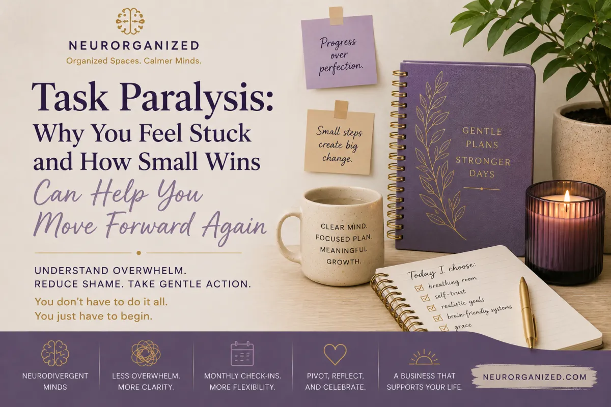 Task paralysis notes on an organized desk with NEURORGANIZED branding