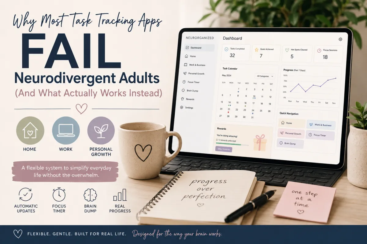 Neurorganized task tracking app displayed on branded background with clean office desk
