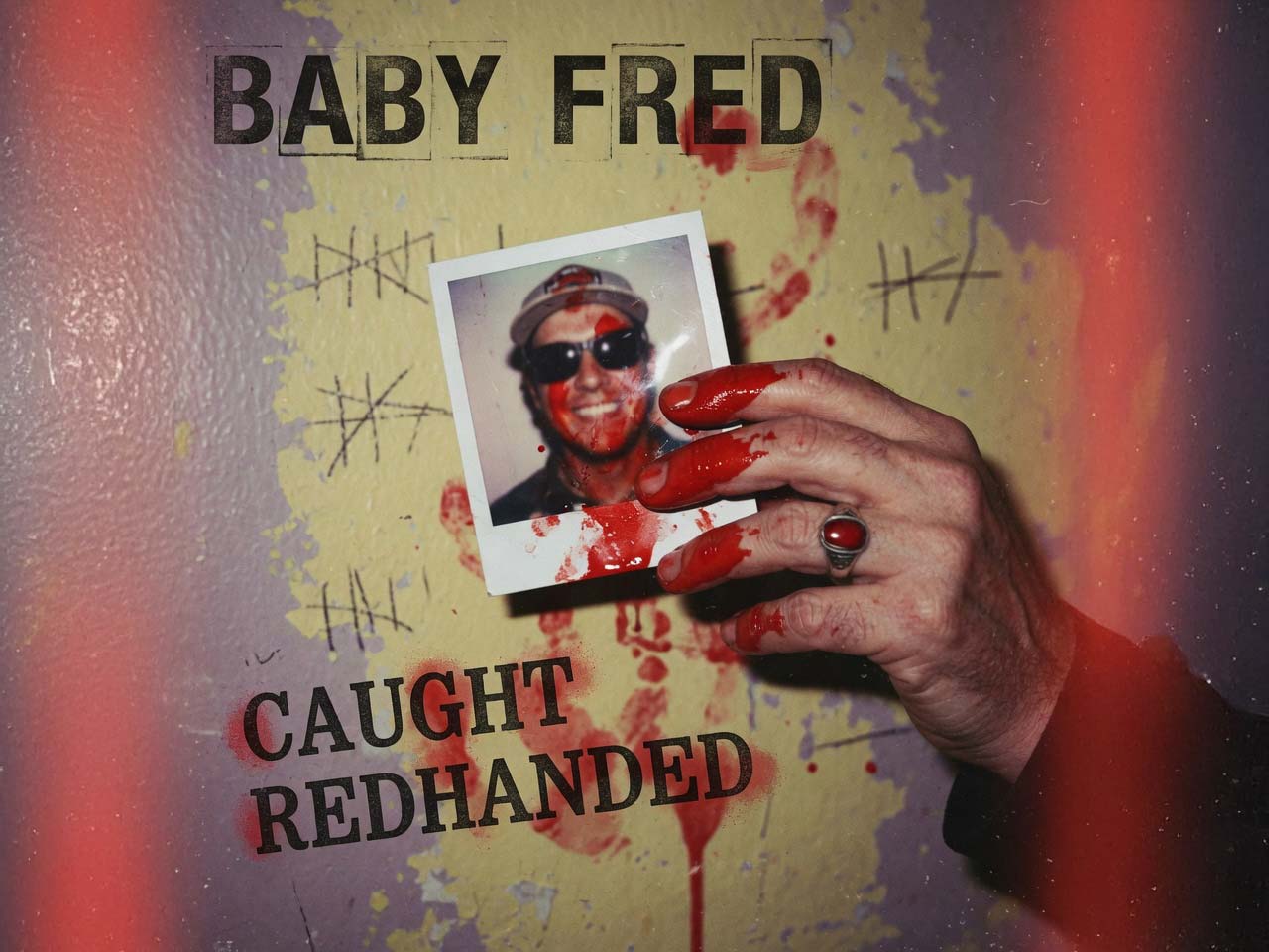 Caught Redhanded cover art by Baby Fred featuring surreal collage imagery inspired by aging, memory, and reflection.