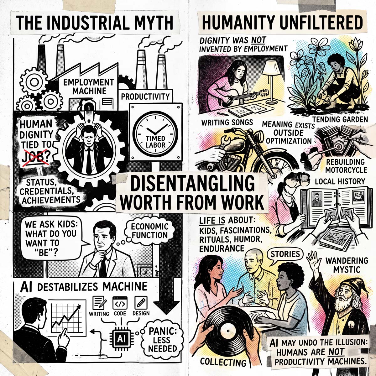 Mixed-media zine-style illustration showing a tired figure surrounded by torn paper textures, halftone splashes of pink, blue, and yellow, and chaotic symbols of digital life and labor. Hand-drawn black line art and collage elements explore themes of AI, work culture, human dignity, and identity beyond employment.