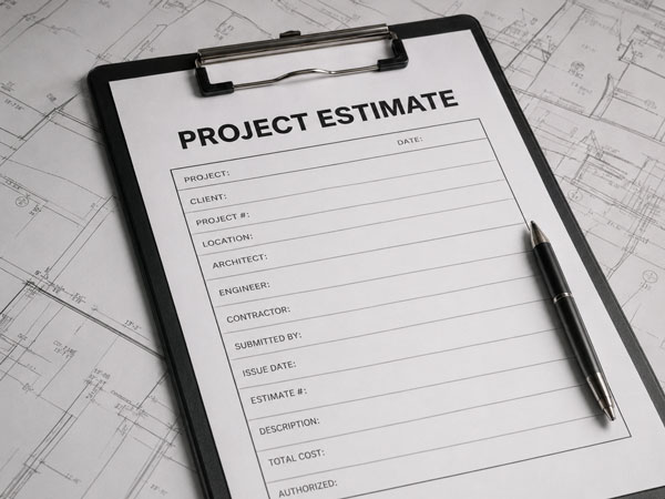 Project estimate document on a clipboard over architectural blueprints