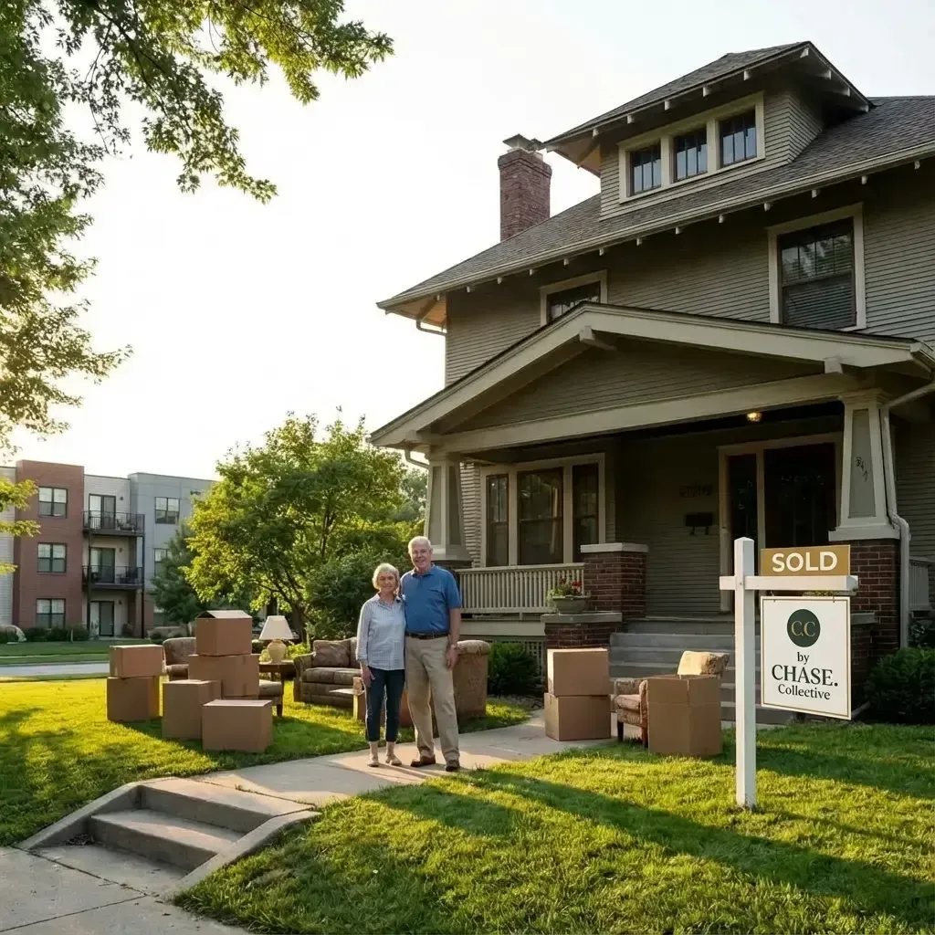 Seniors or downsizers looking at their traditional, two-story home with a 'SOLD by CHASE. Collective' sign in the yard.