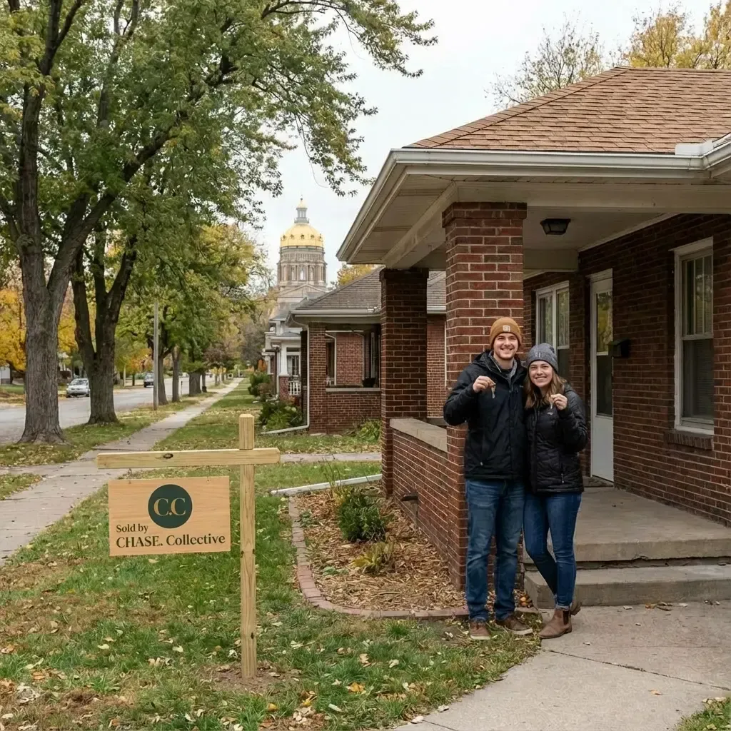 Happy first-time home buyers or sellers, a couple standing in front of their brick house with a CHASE. Collective yard sign. The Iowa State Capitol building is visible in the background.