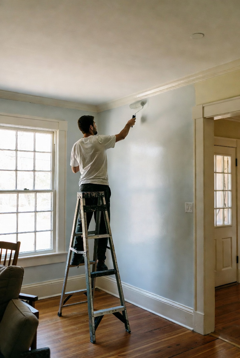A home service contractor, a man on a ladder painting the interior wall of a bright living room near a window.