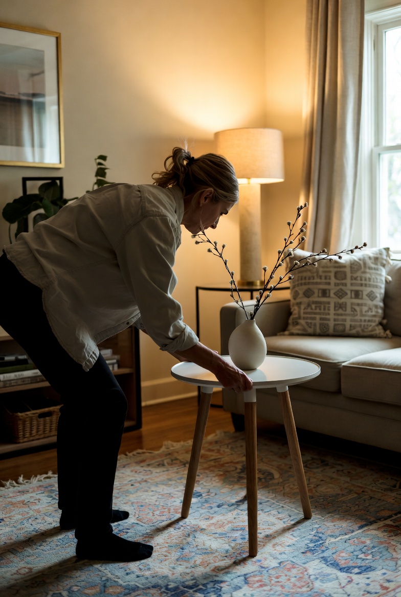 A professional home stager placing a vase on an end table in a well-decorated, cozy living room.