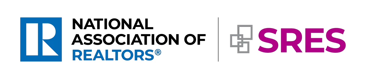 National Association of REALTORS® logo and SRES® (Senior Real Estate Specialist) designation logo, highlighting professional real estate credentials in Central Iowa and Des Moines metro