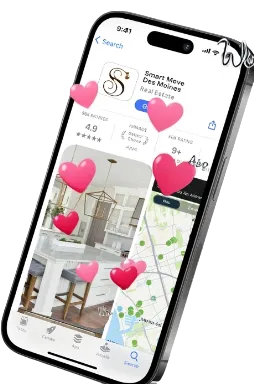Smart Move Des Moines mobile app interface showing MLS property listings with heart favorites on smartphone