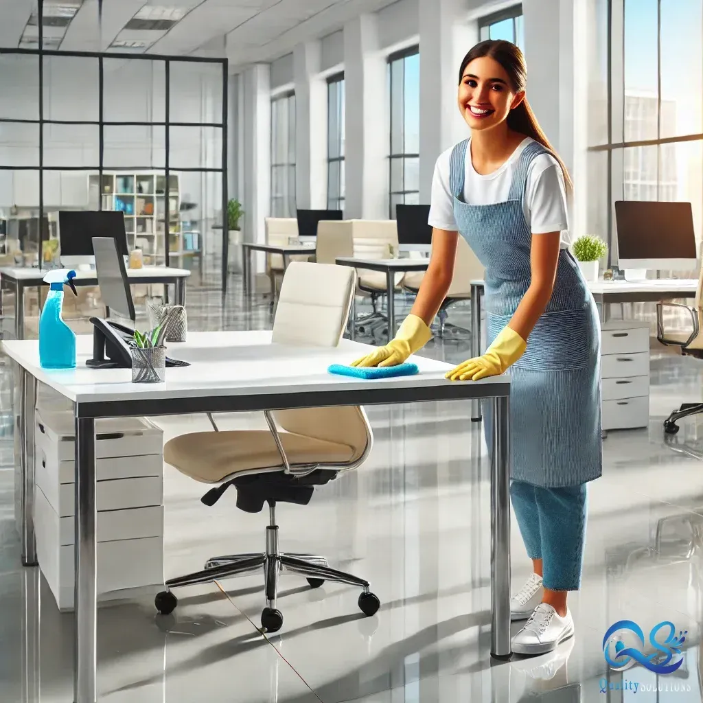 Quality Solutions Cleaning Service staff posing with branded uniforms in Albuquerque, Commercial Cleaning & Janitorial Service for large facility. A cleaning service company you can trust.