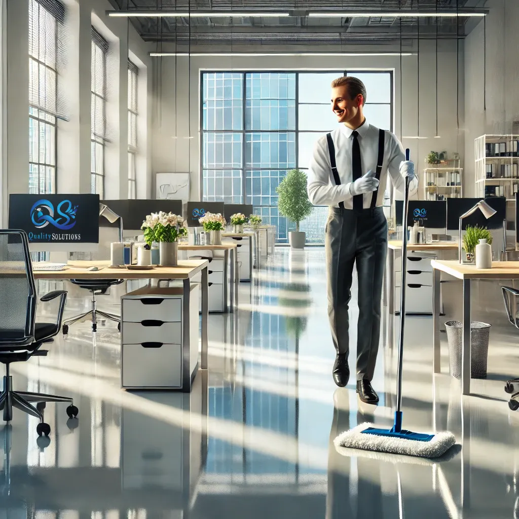Quality Solutions team performing office cleaning in an Albuquerque corporate building, commercial cleaning & Janitorial service 