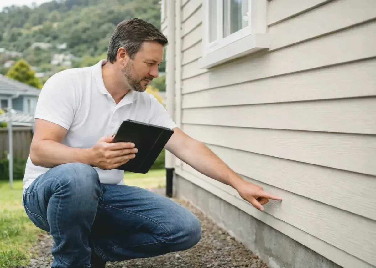 Building inspector examines house foundation