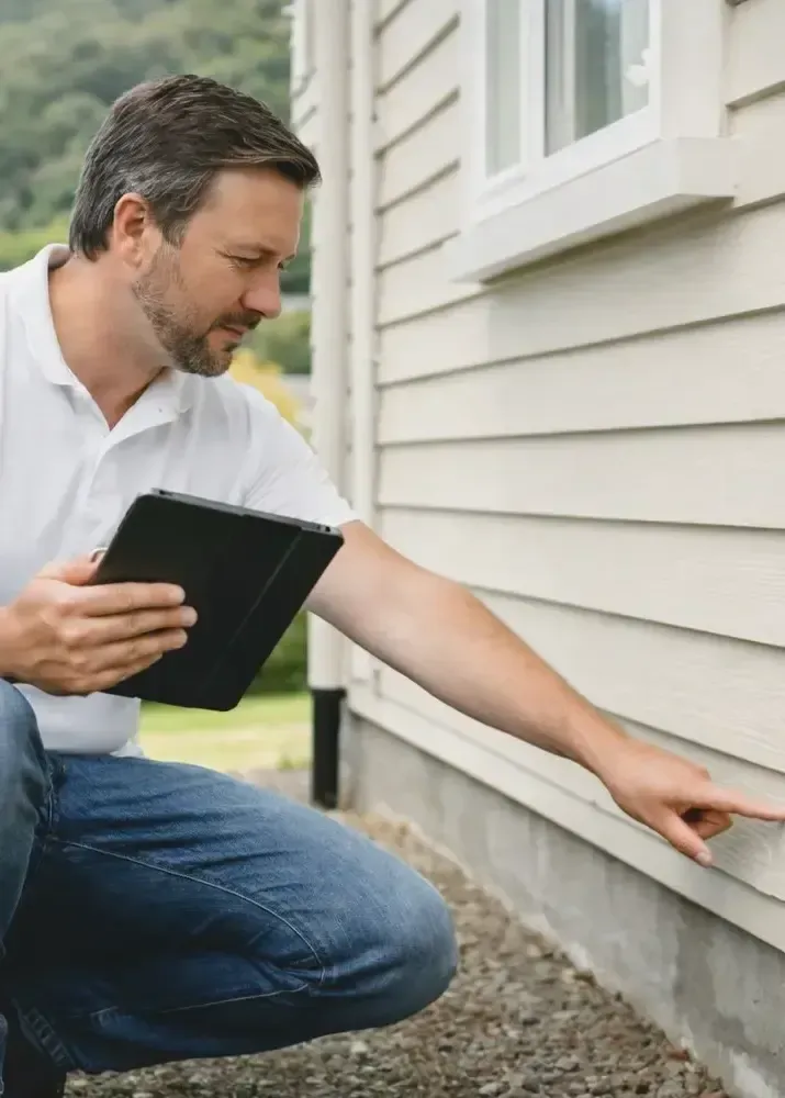 Building inspector checking exterior cladding during pre-purchase building inspection