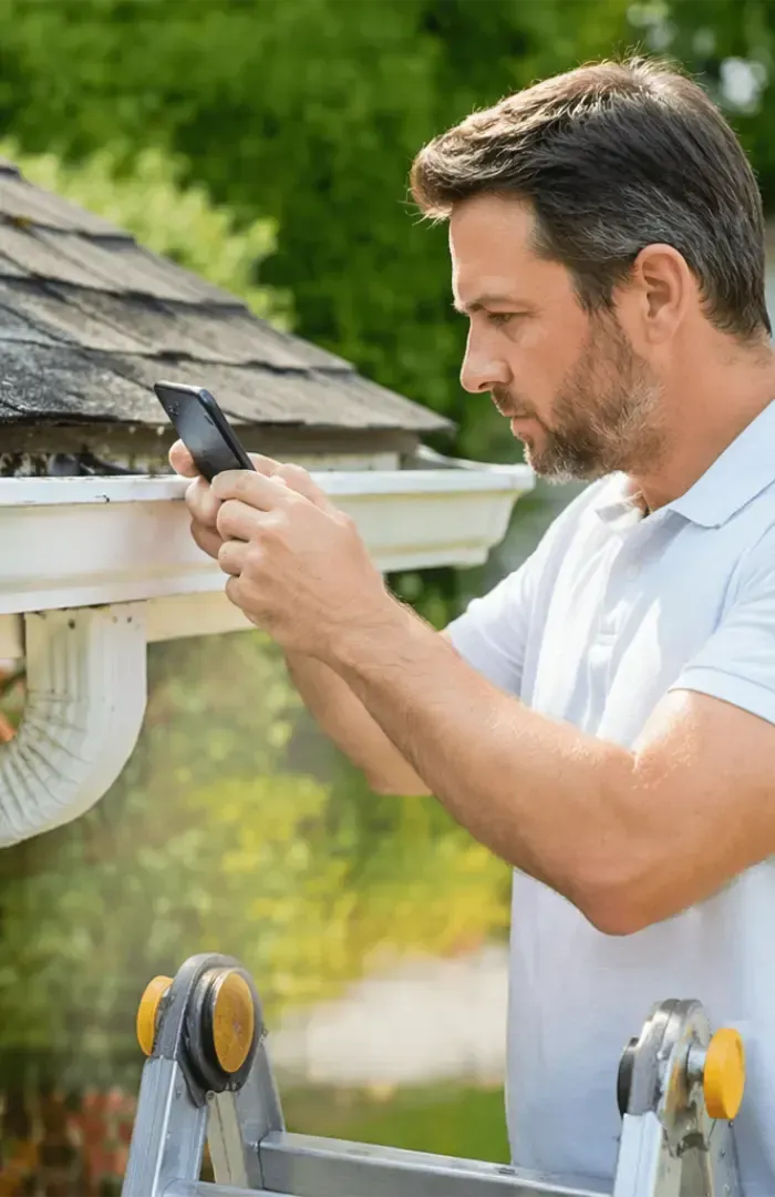 Building inspector on ladder examining gutters and lower roof section of residential property during pre-purchase inspection