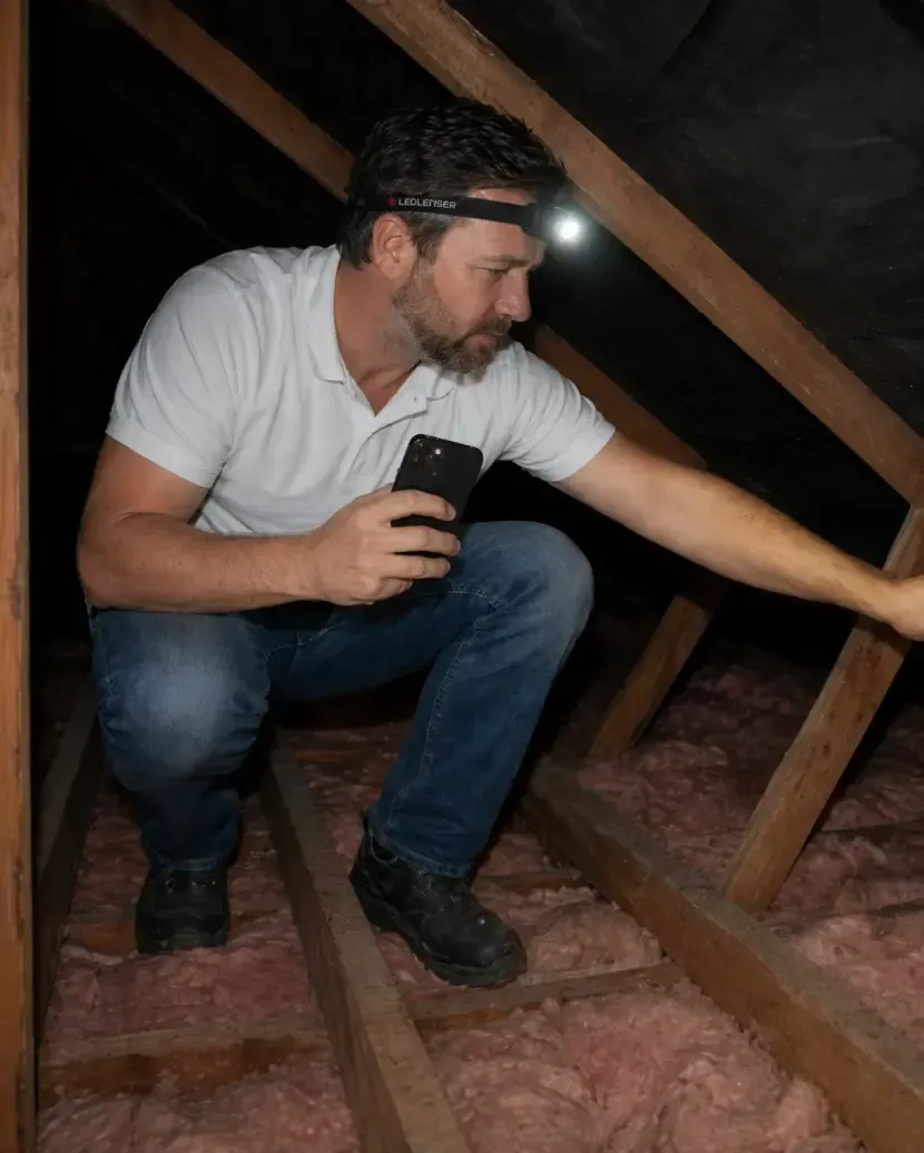 Pre-purchase building inspector assessing roof space and insulation