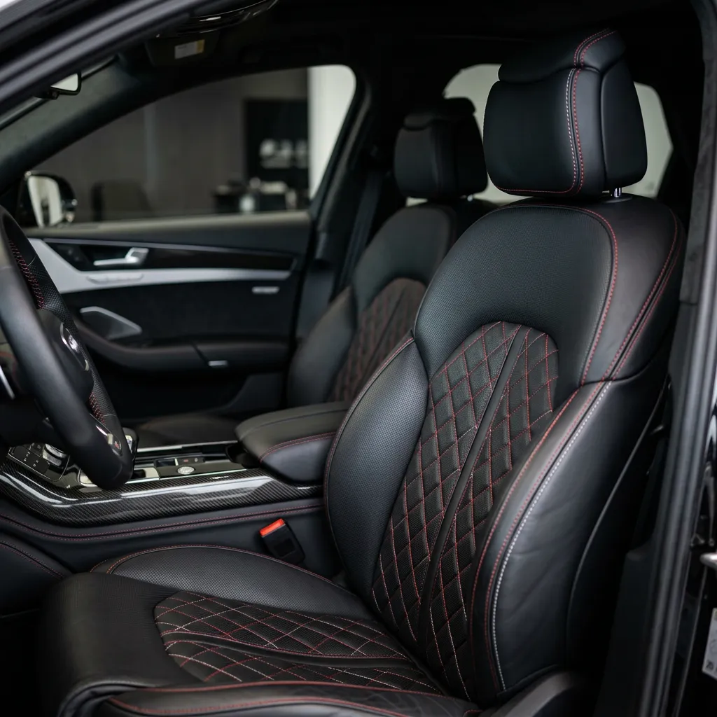 Premium black leather seat upgrade with red diamond stitching by LeatherTeck