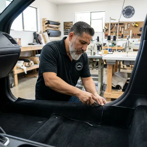 Professional automotive upholstery technician installing custom black car carpet interior showing expert craftsmanship at a certified auto upholstery shop