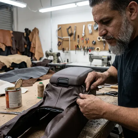 Expert automotive upholstery technician hand stitching a custom leather steering wheel showing premium craftsmanship and professional auto interior restoration work