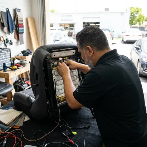 Expert automotive upholstery technician hand stitching a custom leather steering wheel showing premium craftsmanship and professional auto interior restoration work