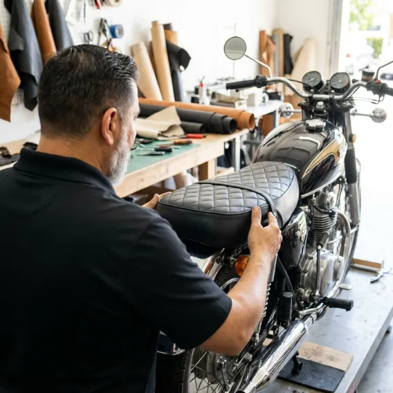 Expert automotive upholstery technician hand stitching a custom leather steering wheel showing premium craftsmanship and professional auto interior restoration work