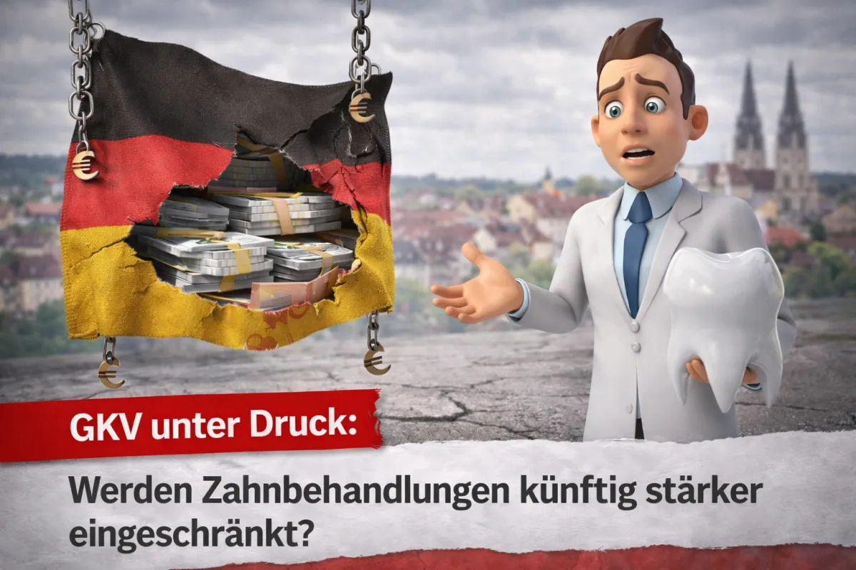 Zahnarzt mit Zahnmodell vor Deutschlandflagge – GKV unter Druck und mögliche Einschränkungen bei Zahnbehandlungen in Bayern