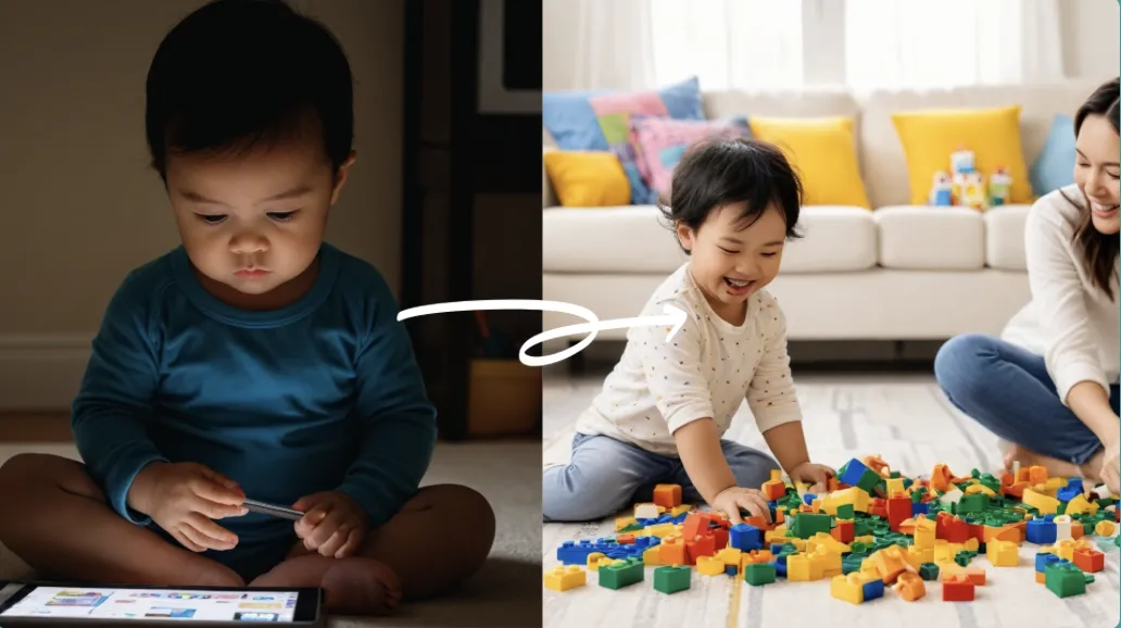 image of child on a device and then a happy child playing blocks