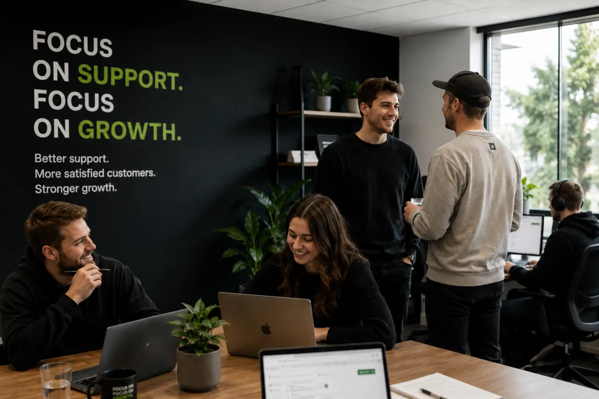 Customer support agents working at computers