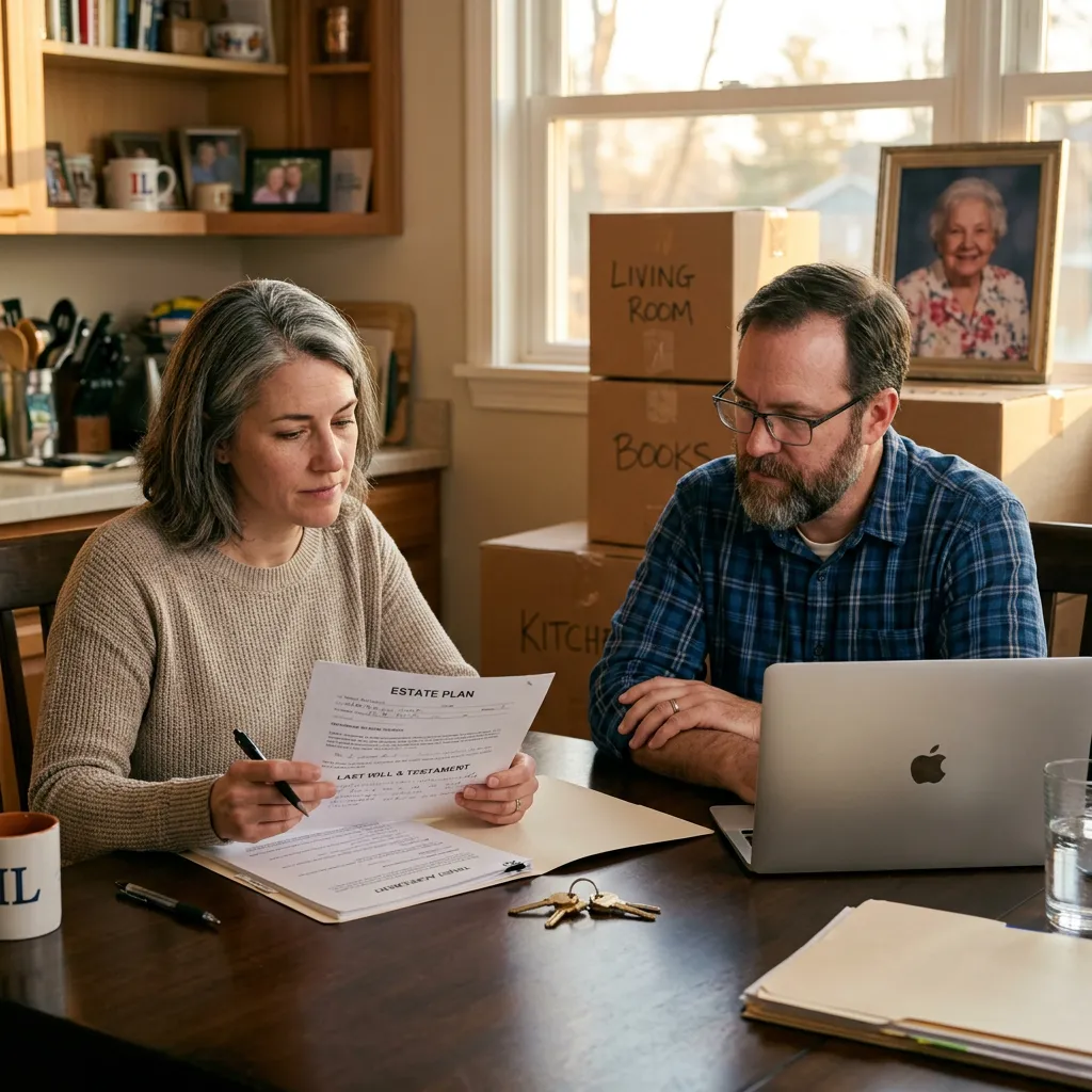 Adult children reviewing paperwork before selling a parent’s home to pay for senior care near Geneva and St. Charles Illinois