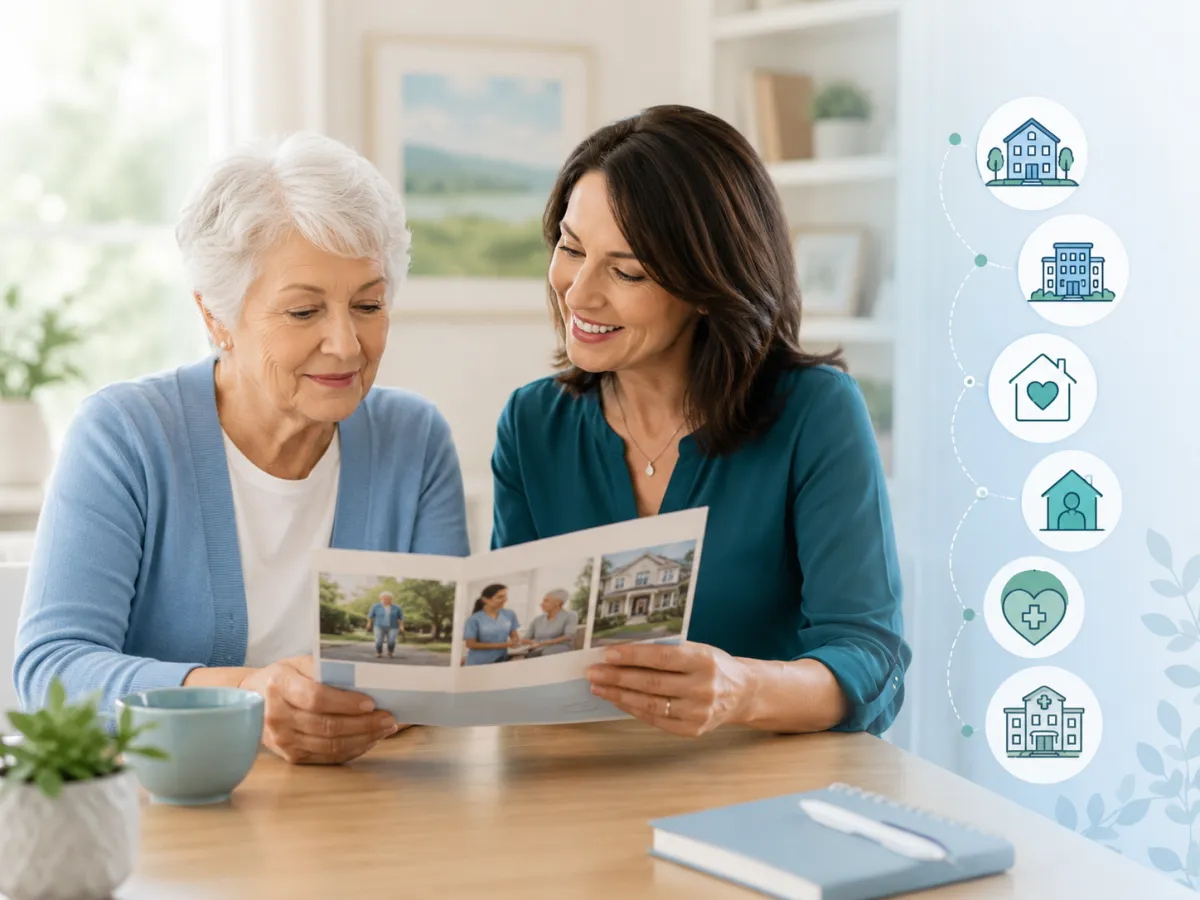 Older woman and senior care advisor reviewing assisted living, memory care, home care, and skilled nursing options. Geneva IL 