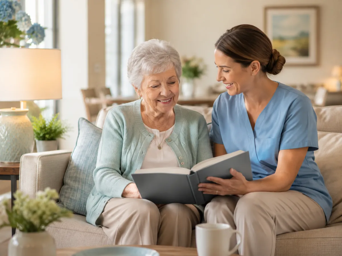 Older woman and caregiver sharing a photo album in an assisted living community near St. Charles, Illinois.