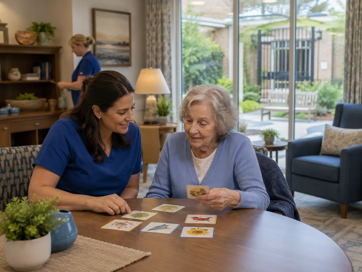 Older woman with dementia participating in a memory care activity with a caregiver near St. Charles, Illinois.