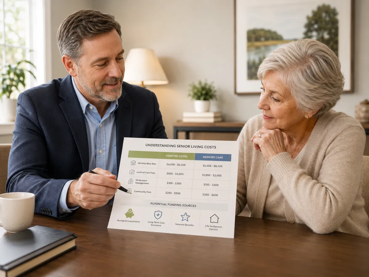 Male senior living advisor reviewing assisted living and memory care costs with an older woman near St. Charles, Illinois.