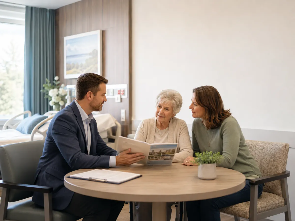Male senior living advisor discussing hospital discharge, rehabilitation, and care options with an older woman and her daughter.
