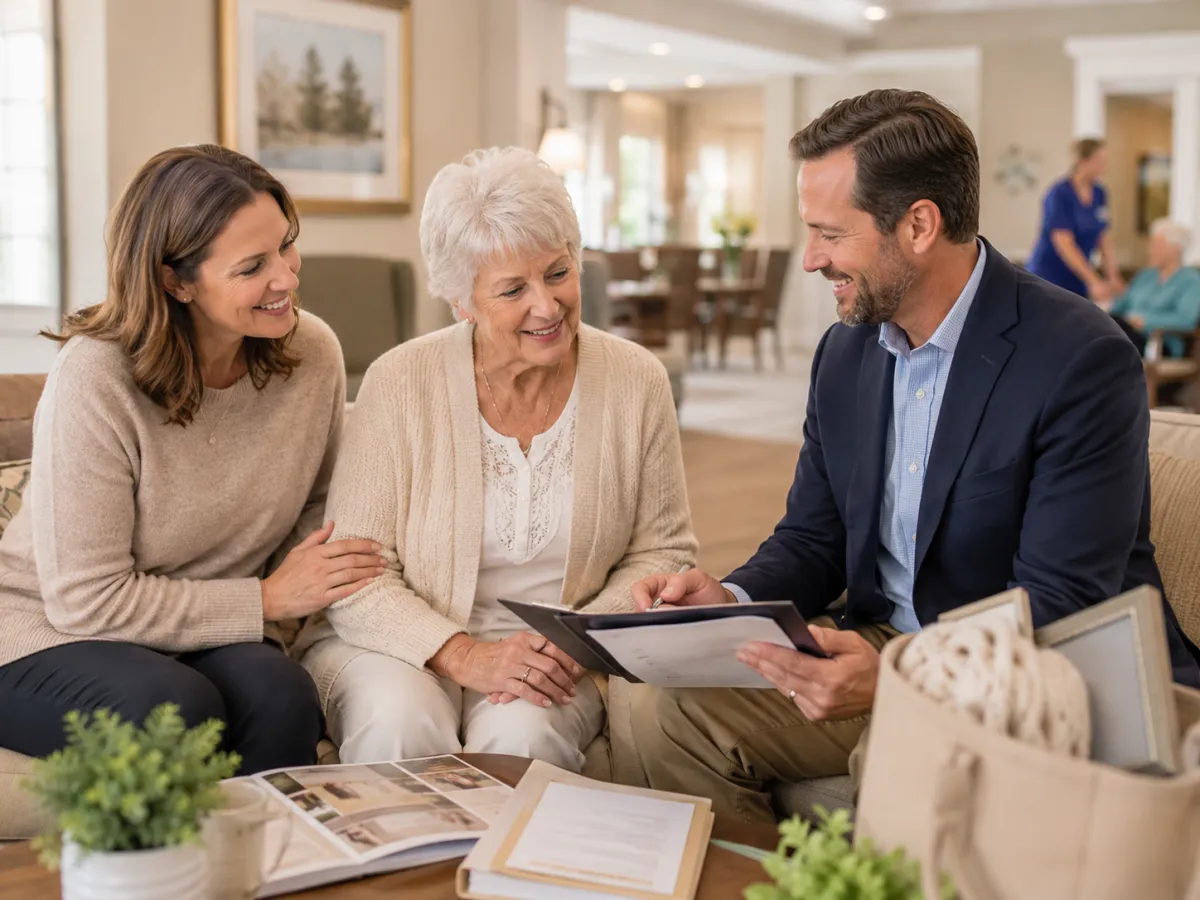 Senior living advisor meeting with an older woman and her daughter during an assisted living tour near St. Charles, Illinois.