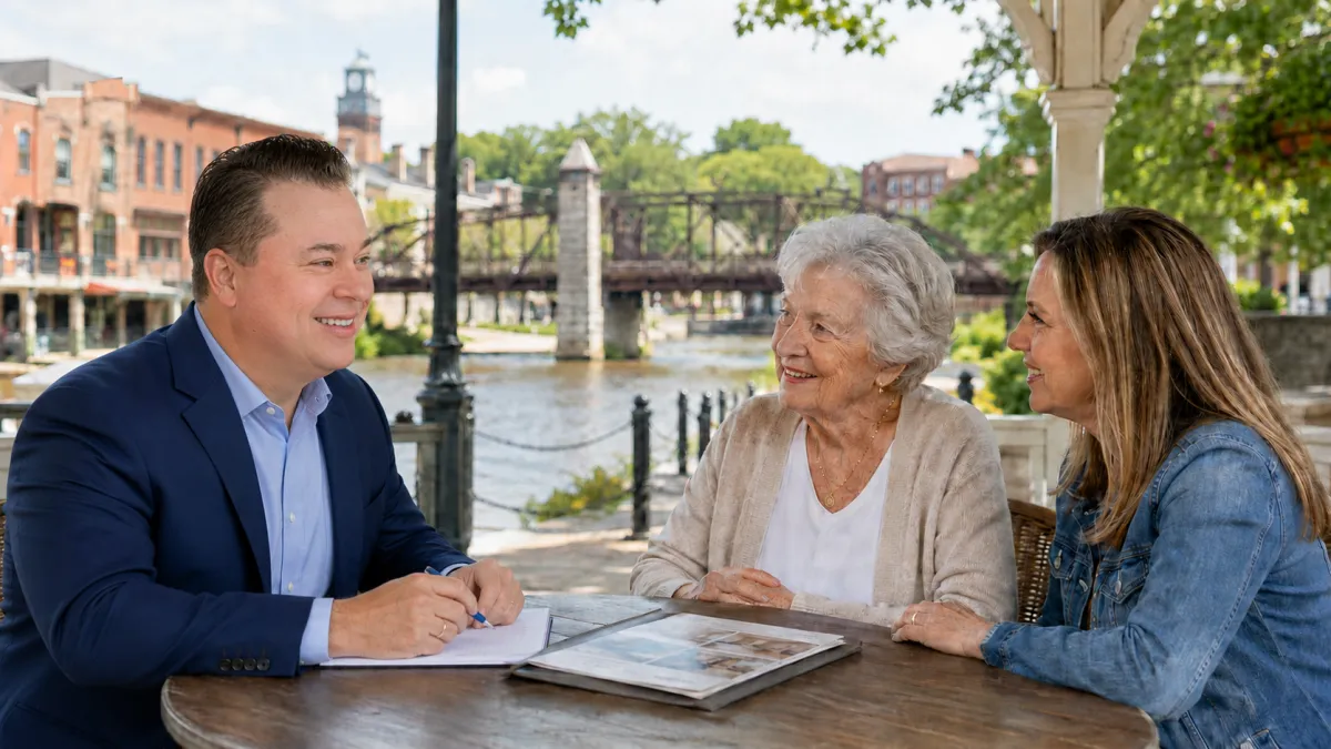 Older woman and Brad reviewing assisted living, memory care, home care, and skilled nursing options. St. Charles IL 