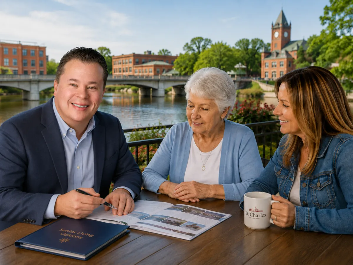 Older woman and senior care advisor reviewing assisted living, memory care, home care, and skilled nursing options. St. Charles IL 