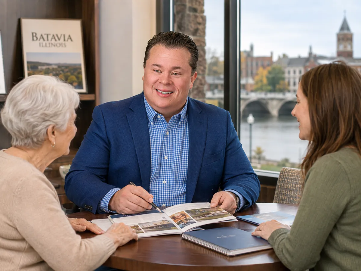 Batavia woman and senior care advisor reviewing assisted living, memory care, home care, and skilled nursing options. Batavia IL