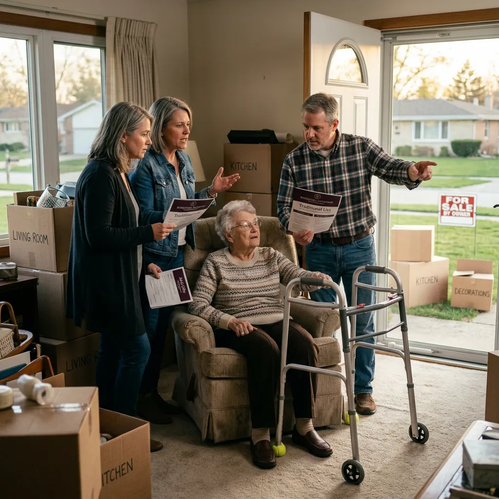 Family deciding whether to sell a parent’s house as-is or list it traditionally after a move to assisted living near Geneva Illinois