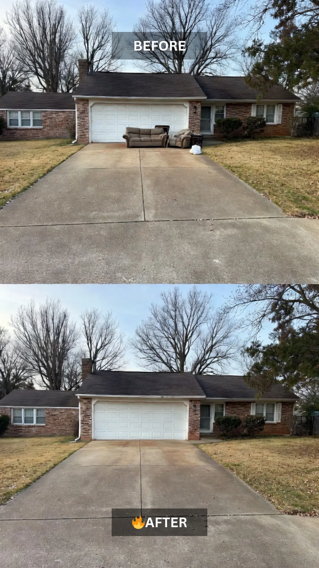 Before and after junk removal in Bentonville, AR with furniture and debris cleared from driveway
