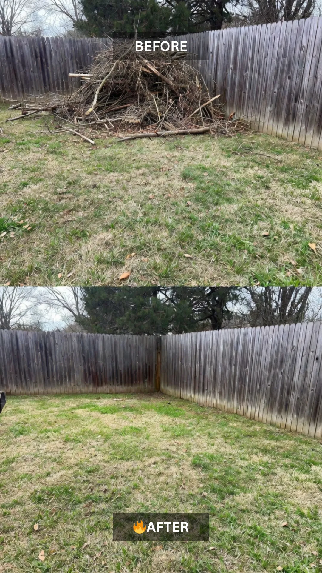 Before and after yard debris removal in Rogers, AR showing large brush pile cleared from backyard